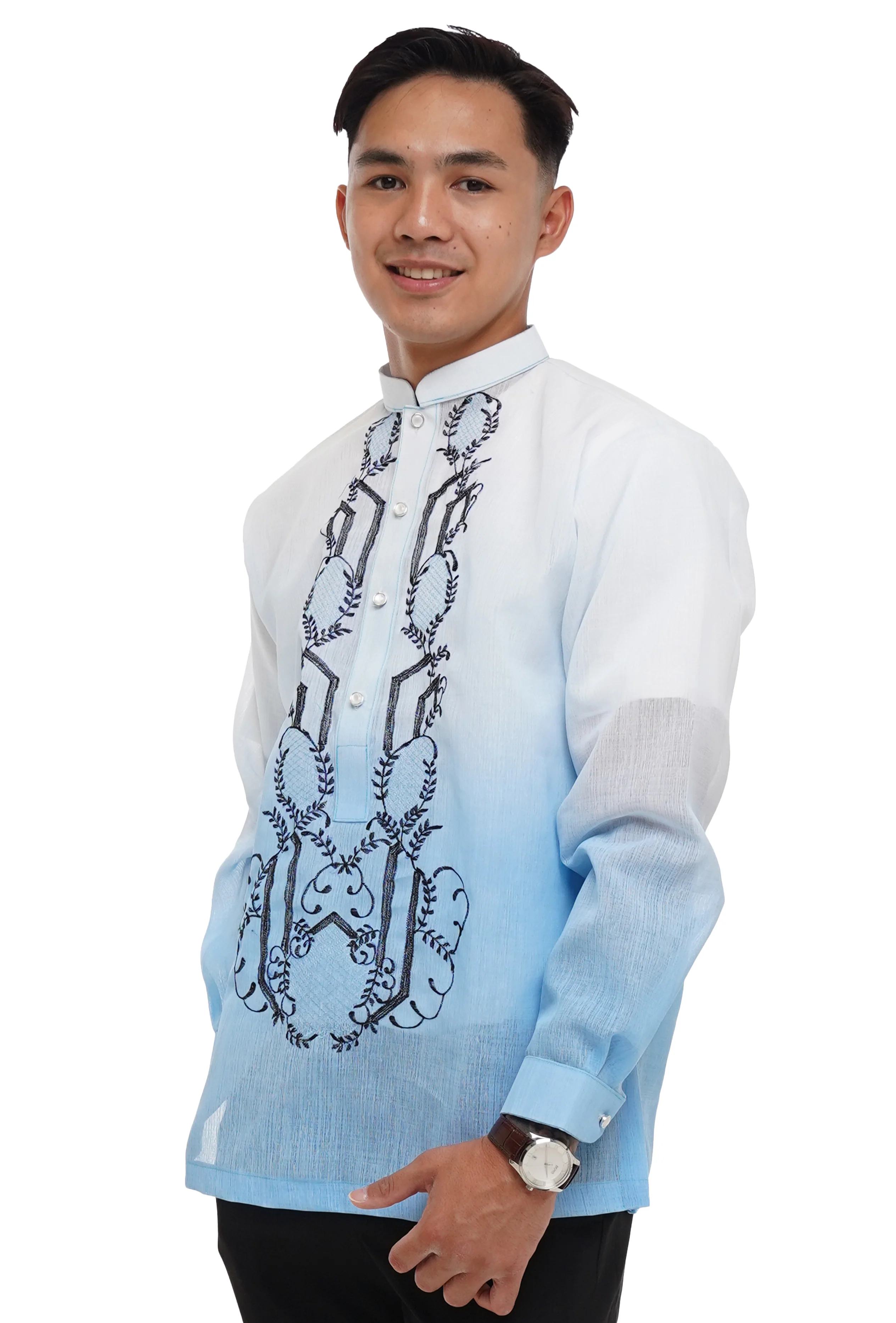Jusi Blue Chinese Collar Barong Tagalog -  Michael - JV44 - Image 3