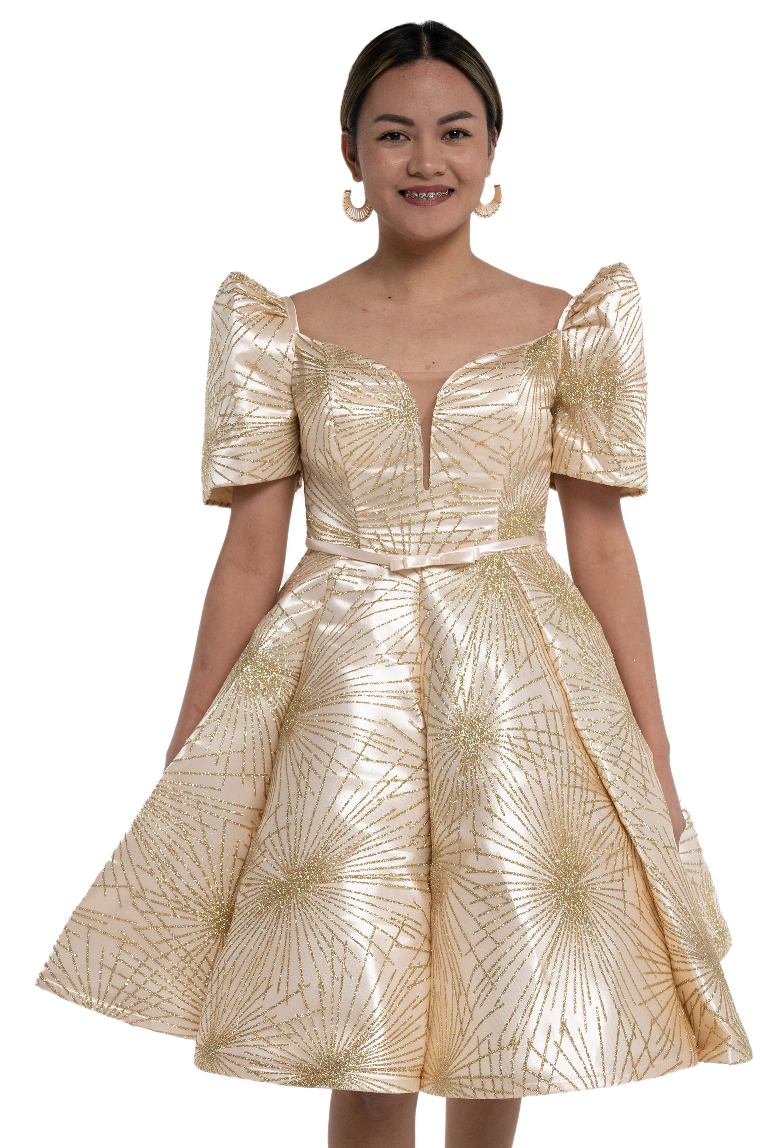 Couples Set Golden Satin Barong Tagalog  + Studded Princess Dress with Umbrella Petticoat - S1 - Image 10