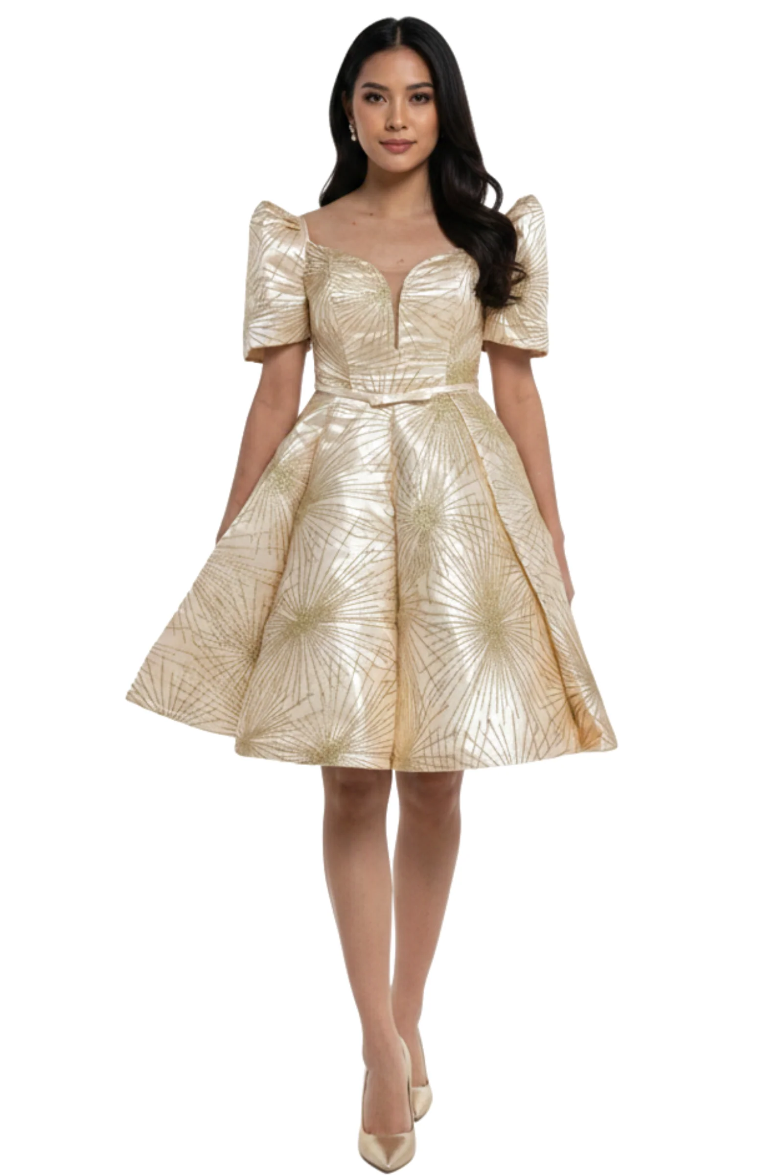 Couples Set Golden Satin Barong Tagalog  + Studded Princess Dress with Umbrella Petticoat - S1 - Image 3