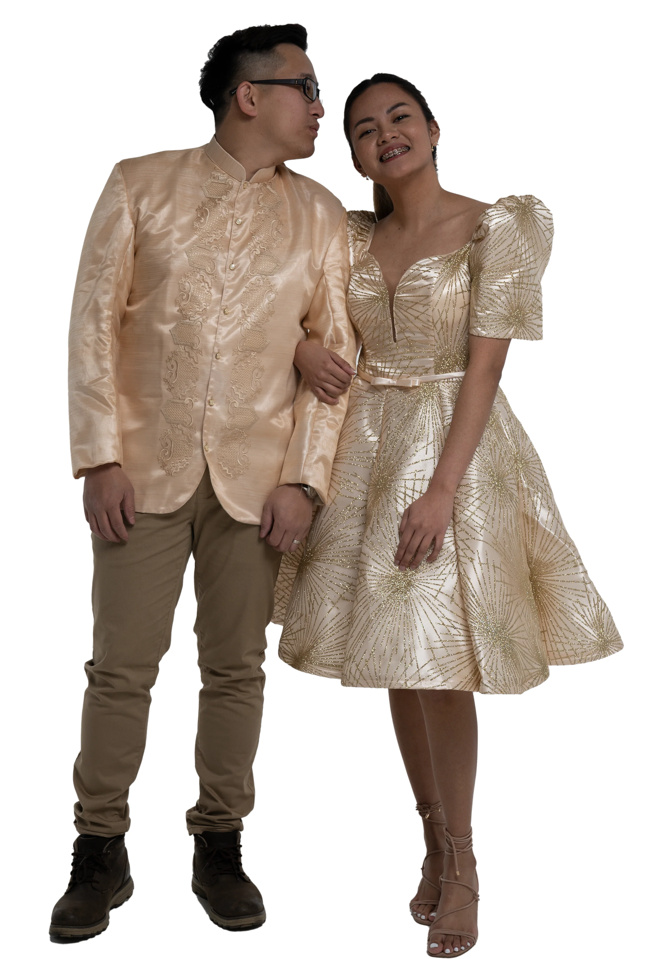 Couples Set Golden Satin Barong Tagalog  + Studded Princess Dress with Umbrella Petticoat - S1 - Image 6