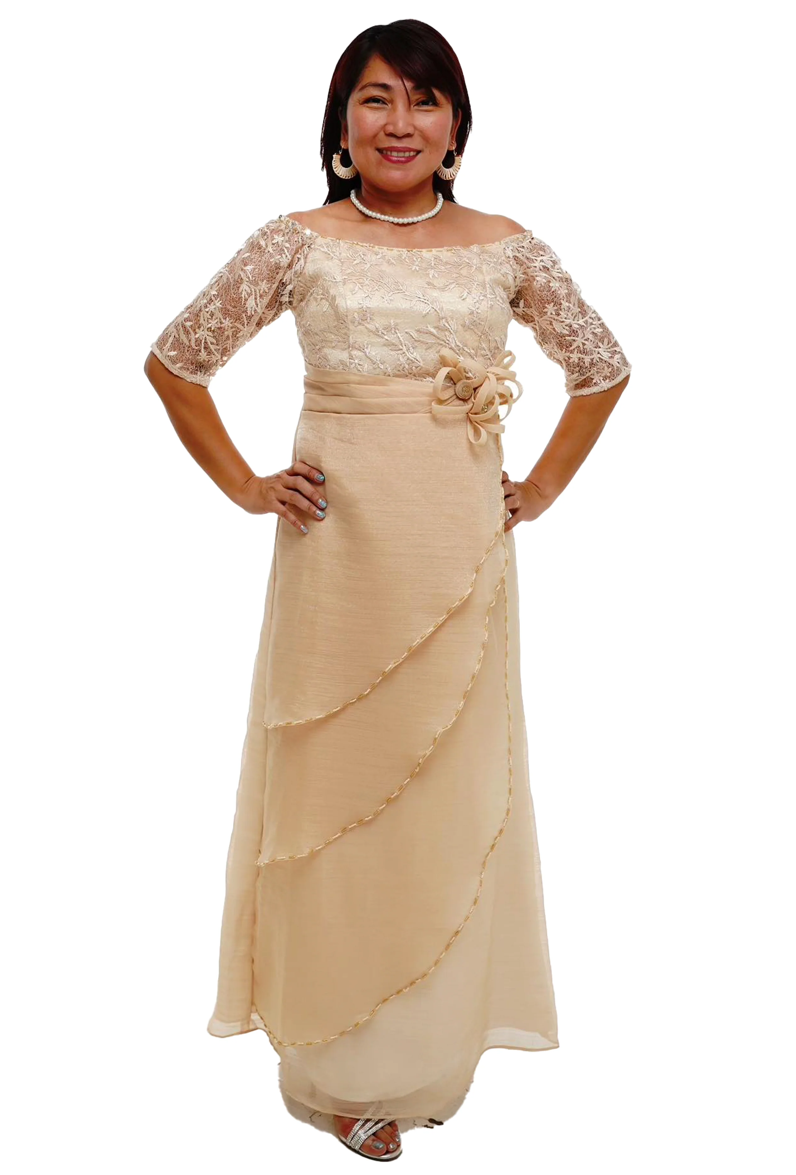 Full Lace Top Beige Modern Filipiniana Dress  - Claudia - MR6 - Image 3