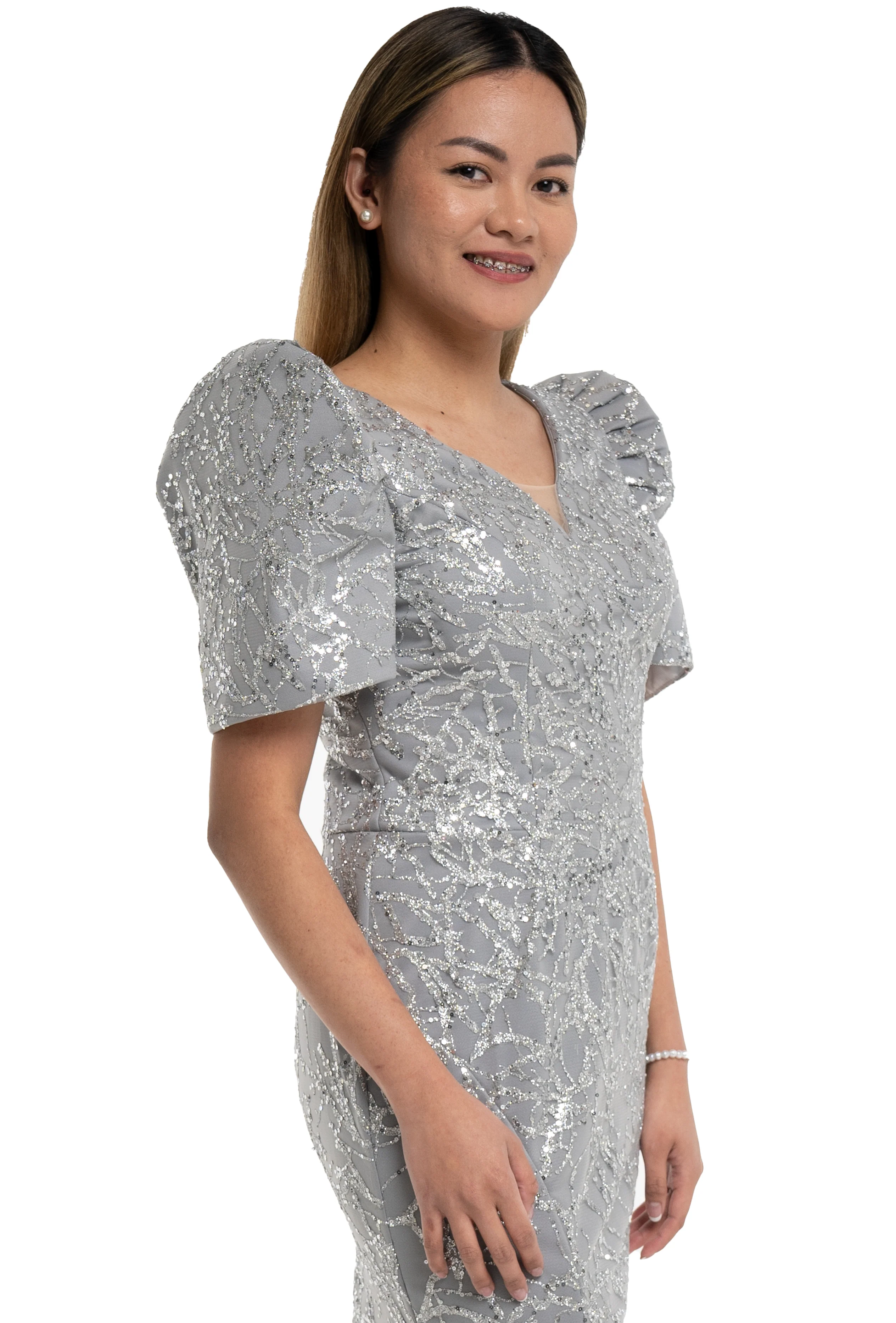 Mestiza Studded Lace Silver Glamour Filipiniana Gown - Bea - MR48 - Image 3